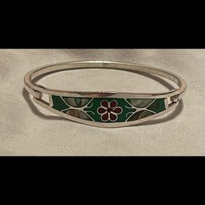 Sterling Silver Taxco Mexico Inlaid Enamel & Abalone Hook Bracelet